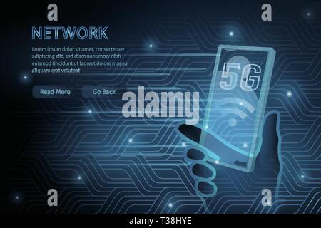 5G technology transparent mobile phone geometry cross frame line vector futuristic illustration template background with glowing dot. Concept of wirel Stock Vector
