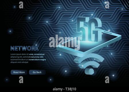 5G technology mobile phone geometry cross frame line vector futuristic illustration template background with glowing dot. Concept of wireless high spe Stock Vector