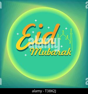 Eid Mubarak calligraphy with moonlight and mosque line art Stock Vector