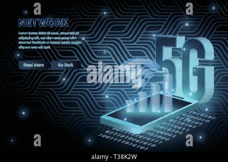 5G technology mobile phone geometry cross frame line vector futuristic illustration template background with glowing dot. Concept of wireless high spe Stock Vector