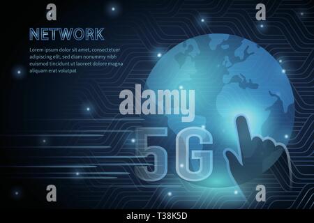 5G technology global earth geometry cross frame line vector futuristic illustration template background with glowing dot. Concept of wireless high spe Stock Vector