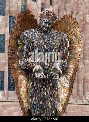 Coventry, West Midlands, UK - April 5, 2019: Knife angel sculpture made from 100,000 blades that were confiscated or handed in across the UK to police