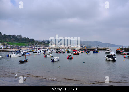 Pictured is the harbour for Lyme Regis named the Cobb with boats. Stock Photo