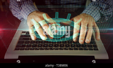 Hands typing on laptop keyboard with watching eye on hologram screen. Concept of spy cam, cyber espionage, digital surveillance, spying, hacking, keyl Stock Photo