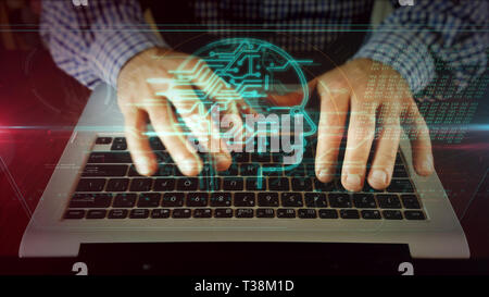 Man typing on laptop keyboard with ai cyber head on hologram screen. Artificial inteligence, machine learning, digital brain and cybernetic technology Stock Photo