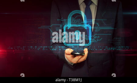 Businessman in suit using smartphone with padlock hologram. Cyber security and computer protection symbol abstract concept. Futuristic technology. Stock Photo