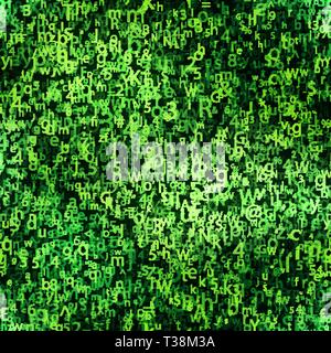 Many abstract green chaotic complicated crypto symbols on black, data encryption binary code concept Stock Vector