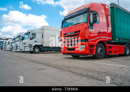 Valencia,Spain - March 30, 2019:  : Trailer and containers. International shipping. Trucking and logistic. Stock Photo