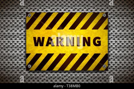 Bright yellow warning plate on metallic grid, industrial background Stock Vector