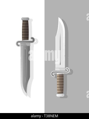 black and white knives on gray and white backgrounds have wooden striped handles also has double-curved protection for hands. Stock Vector