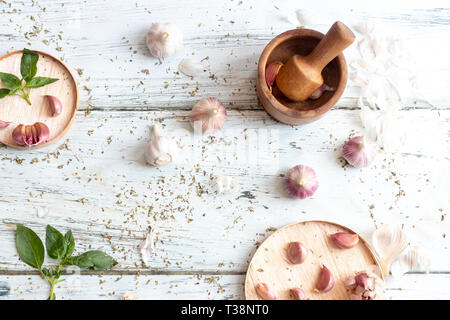 View of several heads of garlic, prepared for cooking Stock Photo