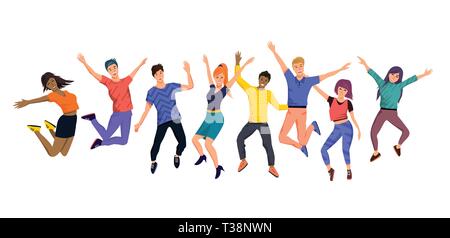 Jumping young happy people in casual clothes. Flat vector characters ...