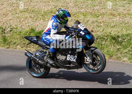 Chorley, Lancashire, UK. April, 2019. Hoghton Tower 43rd Motorcycle Sprint. Rider 692 Damien Eccles from Blackburn riding a BMW A1000 4stroke 1000cc m Stock Photo