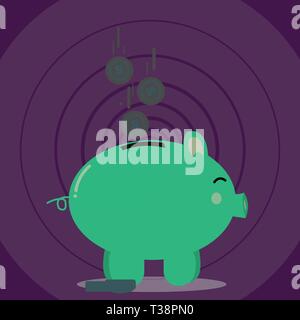 Color Piggy Bank Sideview and Dollar Currency Coins Falling Down to the Slit Design business concept Empty copy text for Web banners promotional mater Stock Vector