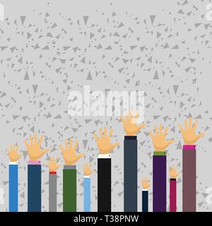 Hands of Several Businessmen Raising Up Above the Head, Palm Facing Front Design business concept Empty template copy space text for Ad website isolat Stock Vector