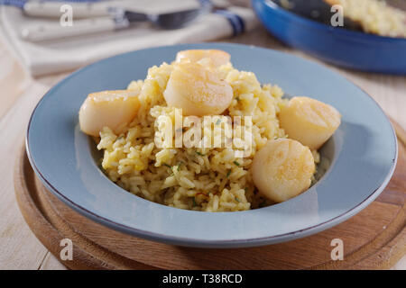 Closeup view of risotto with scallops Stock Photo