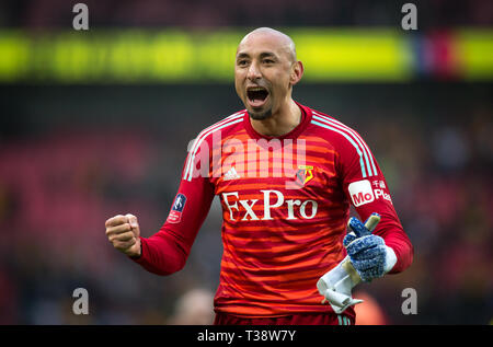 Goalkeeper Heurelho Gomes of Watford celebrates at full time during the FA Cup semi final match between Watford and Wolverhampton Wanderers at Vicarag Stock Photo