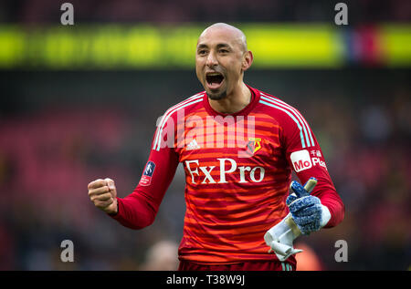 Goalkeeper Heurelho Gomes of Watford celebrates at full time during the FA Cup semi final match between Watford and Wolverhampton Wanderers at Vicarag Stock Photo