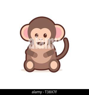 cute little monkey cartoon comic character with smiling face happy emoji anime kawaii style funny animals for kids concept vector illustration Stock Vector