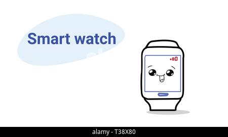 cute smart watch cartoon comic character with smiling face happy emoji kawaii hand drawn style wireless clock digital technology concept horizontal ve Stock Vector