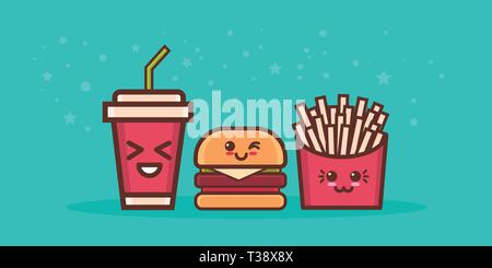 cute hamburger potato free and soda fast food set cartoon comic characters with smiling faces tasty classic american fastfood happy emoji kawaii style Stock Vector