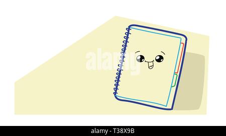 cute notebook cartoon comic character with smiling face happy emoji kawaii hand drawn style notepad icon back to school concept horizontal vector illu Stock Vector