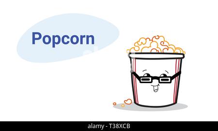 cute pop corn cartoon comic character in glasses smiling face tasty fastfood popcorn happy emoji kawaii hand drawn style fast food concept horizontal  Stock Vector