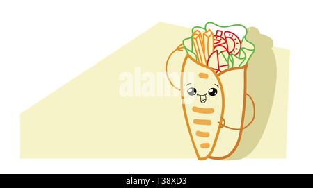 cute shaurma burrito cartoon comic character with smiling face tasty wrapped fastfood with vegetables and beef happy emoji kawaii hand drawn style cla Stock Vector