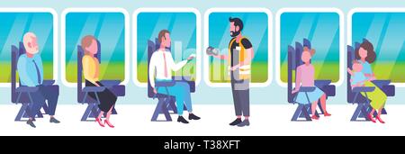 inspector man selling tickets to passengers sitting in train compartment during vacation trip ticket validation concept railway transport traveling fl Stock Vector