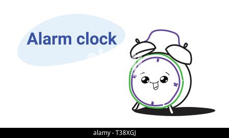 cute retro alarm clock cartoon comic character with smiling face happy emoji kawaii hand drawn style wake up time concept horizontal vector illustrati Stock Vector