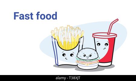 cute hamburger french fries and soda fast food set cartoon comic characters with smiling faces tasty classic american fastfood hand drawn kawaii style Stock Vector