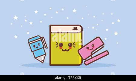 set cute stapler book and pen cartoon comic characters with smiling faces happy emoji kawaii style back to school concept horizontal vector illustrati Stock Vector