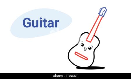 cute classic wooden guitar cartoon comic character with smiling face happy emoji kawaii hand drawn style acoustic musical instrument concept horizonta Stock Vector