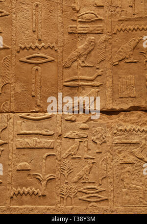 Close up background of antique stone wall with carved ancient Egyptian hieroglyphs, front view Stock Photo