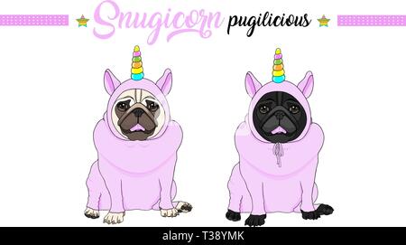 cute vector pug puppy dog sitting down, wearing pink jumpsuit with unicorn horn with rainbow colors Stock Vector