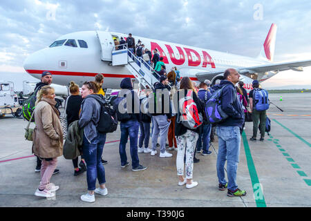 Passengers before embarking on Lauda motion Airline Airbus A320, Valencia Airport, Spain Europe Spain airport boarding plane Stock Photo