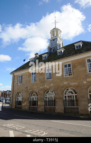 Town Hall, Brackley, Northamptonshire, was built in 1707 by the 1st Duke of Bridgewater. It has two storeys, a hipped roof, and cupola. Stock Photo