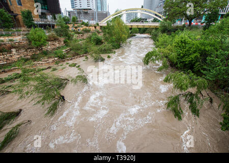 Major storms and heavy spring rains on April 6th, 2019, in central Texas cause heavy flooding to Shoal Creek in downtown Austin. Stock Photo