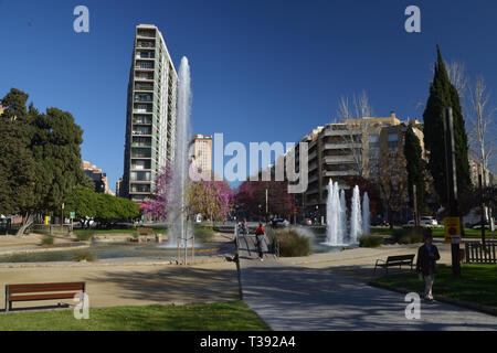 View facing east at The fountains at Placa de la Imperial Tarraco in the city of Tarragona, Spain Stock Photo