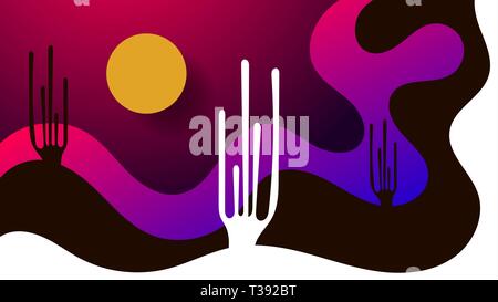 Vector modern flat landscape with lonely cactus and long shadow. Illustration with sunset view in purple, violet and pink colors. Stock Vector