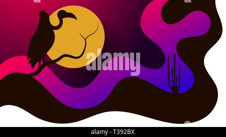 Vector modern flat landscape with lonely cactus and long shadow. Illustration with sunset view in purple, violet and pink colors. Stock Vector