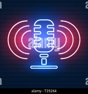 Neon signboard with microphone . Nightclub with live music icon. Glowing street sign of bar with karaoke and live singers. Sound cafe icon. Rock show  Stock Vector