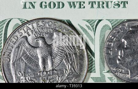 American coins on a one dollar bill Stock Photo