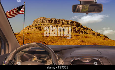 Looking through a car windshield with view of Spirit Mountain iconic place in Grand Canyon, Arizona, USA Stock Photo