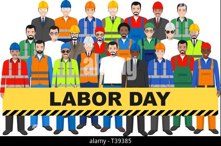 Labor day. Group of worker, builder and engineer standing together on white background in flat style. Working team and teamwork concept. Different Stock Vector