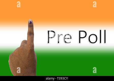 Pre-poll and hand showing of Indian election polling on the Indian flag. Stock Photo