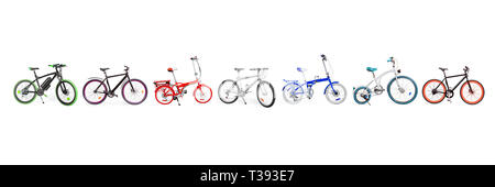 Different bikes collection. Set of electric, urban, cruiser, MTB and folding bikes placed in single line. isolated on white, clipping path included Stock Photo