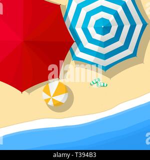 Aerial view summer day at the beach  with umbrellas and slippers and toy,  vector illustration Stock Vector