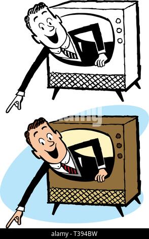 A man popping out of the screen of a vintage television set. Stock Vector