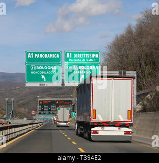 important road junction on Central Italy on the motorway with two roads Panoramica or Direttissima the means Panoramic Road of Direct Speed Way Stock Photo